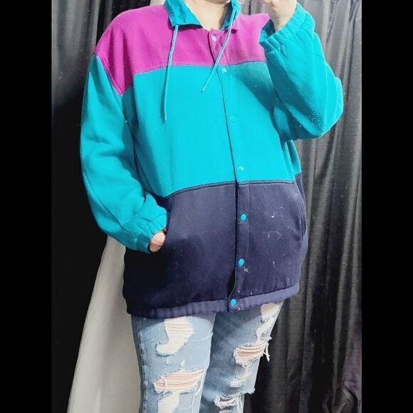 Vintage 90s Color Block Reversible Sweatshirt Windbreaker Jacket - Picture 2 of 13